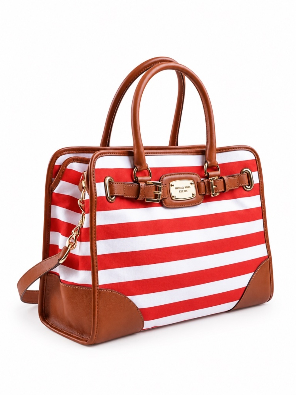 Michael Kors Hamilton Satchel Bag Red White Stripe Canvas Leather NWT $400